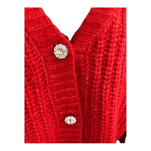 Jessica Simpson red chunky knit fuzzy bejeweled button v-neck cardigan size M - Picture 9 of 16